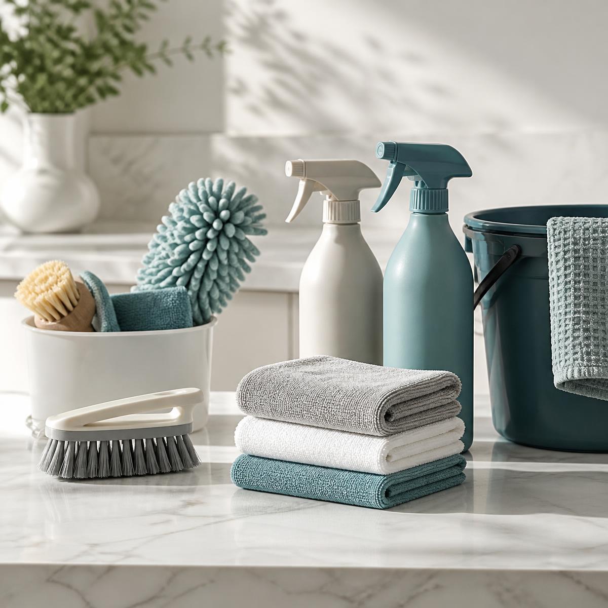 Neatly arranged cleaning cloths, brushes and spray bottles on a clean counter