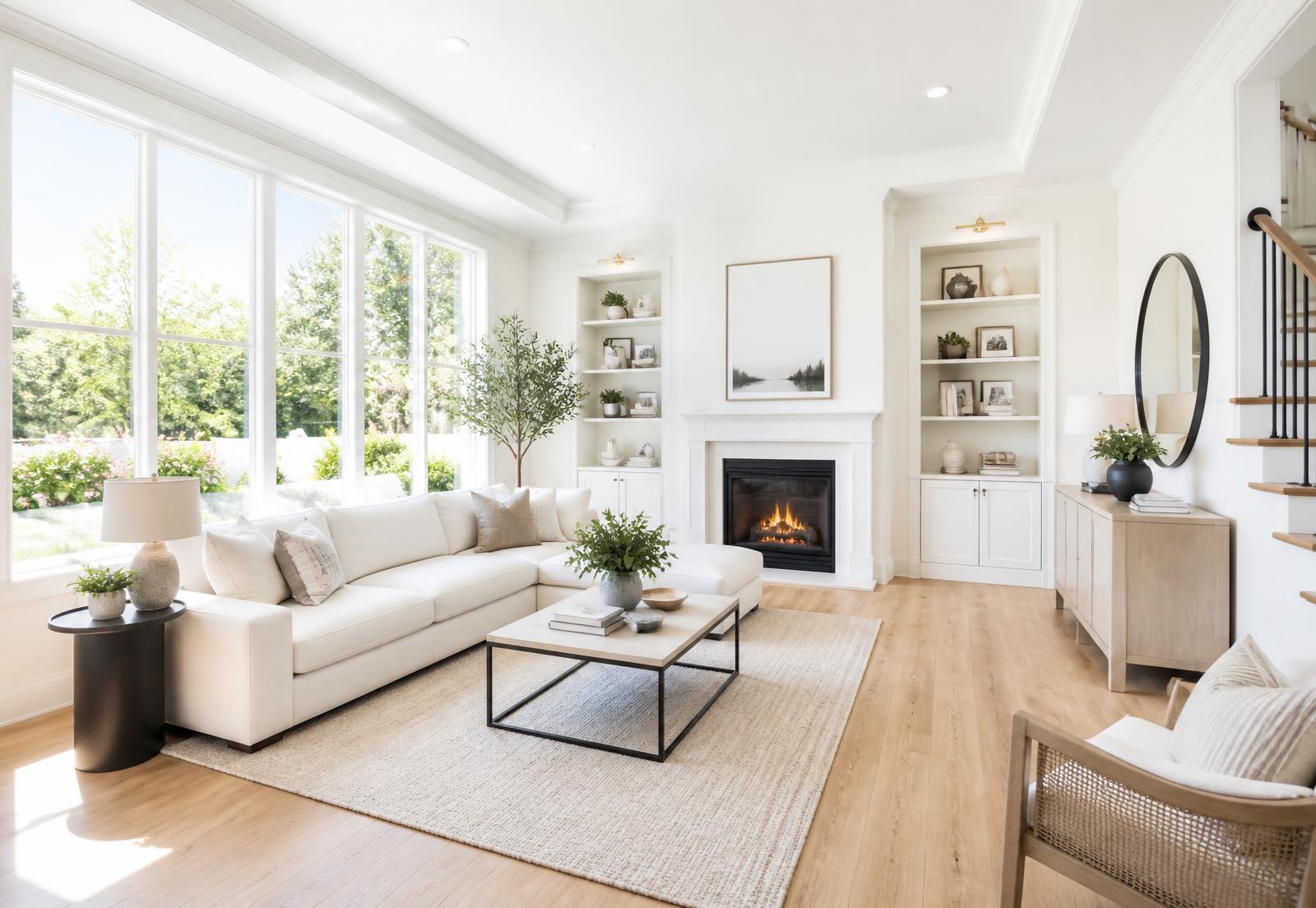 A bright, freshly cleaned and tidy living room with natural light